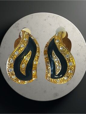 Vintage Gold-tone and Black Leaf Crystal Clip-On Earrings